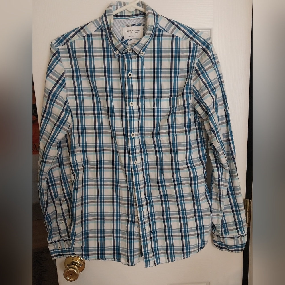 Mens Long Sleeve Button Down Plaid Shirt Slim Fit